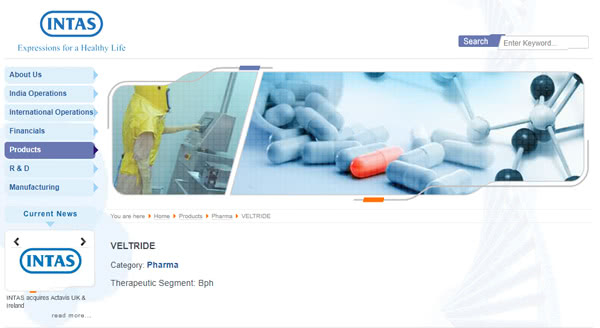 Intas Pharmaceuticals社のベルトリド商品ページ